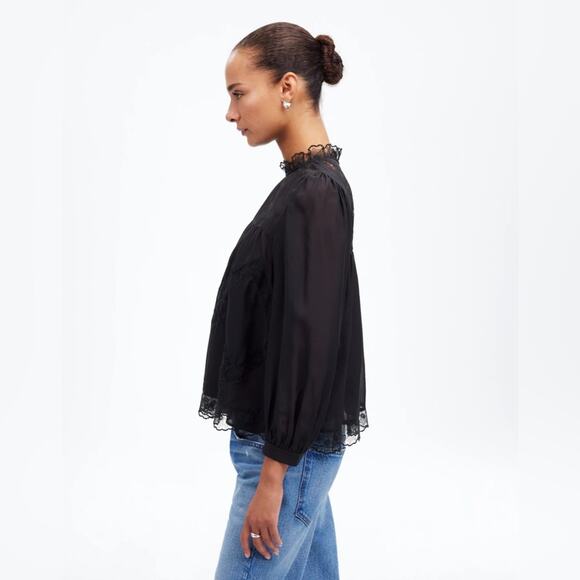 Madewell Black Lace-Inset Top in Silk Size L NT229 - Picture 2 of 6